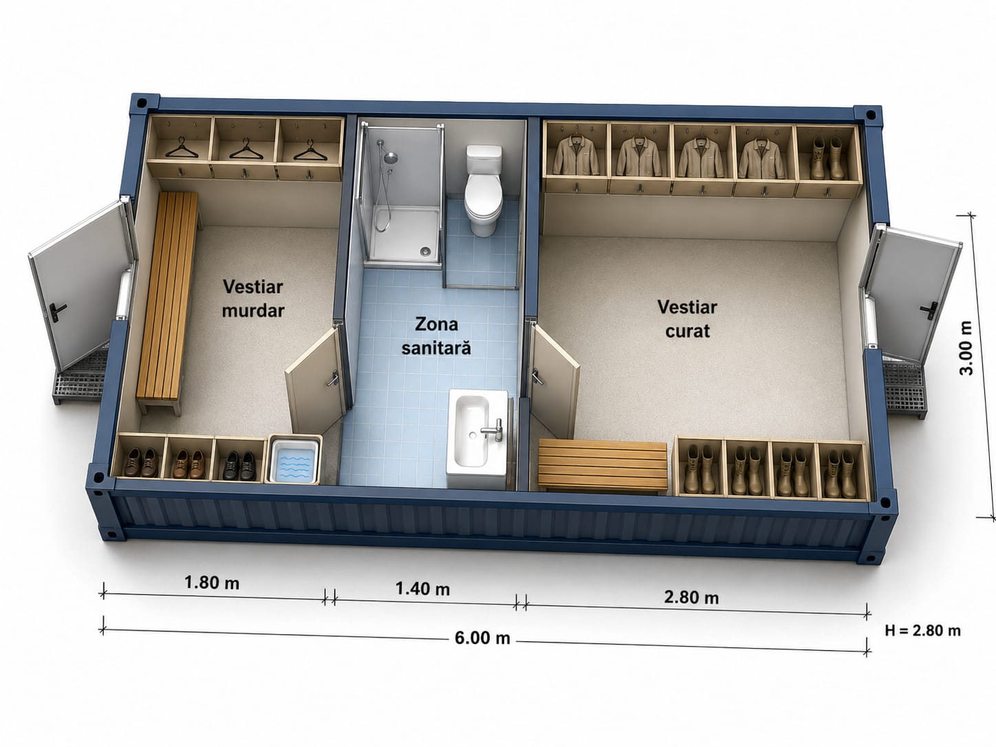 Plan concept pentru container filtru sanitar 6 × 3 m